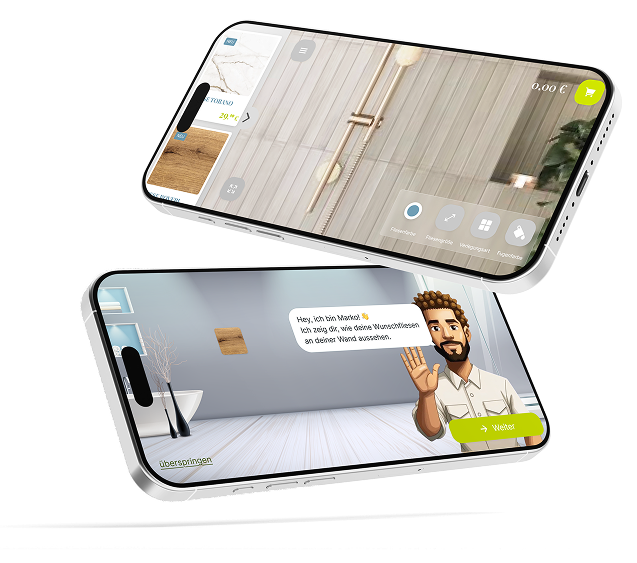 Smartphone zeigt AR-Fliesenvorschau